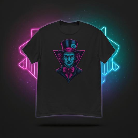 Mad Hatter Neon T-Shirt – Retro Wonderland Synthwave Tee