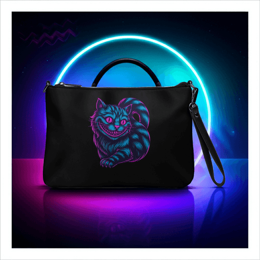 Neon Cheshire Cat Handbag – Retro Synthwave Wonderland Purse