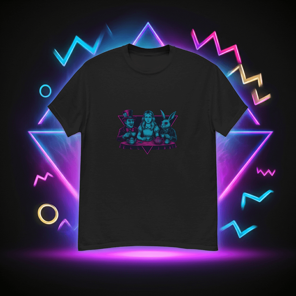 Mad Tea Party Neon T-Shirt – Retro Wonderland Synthwave Tee