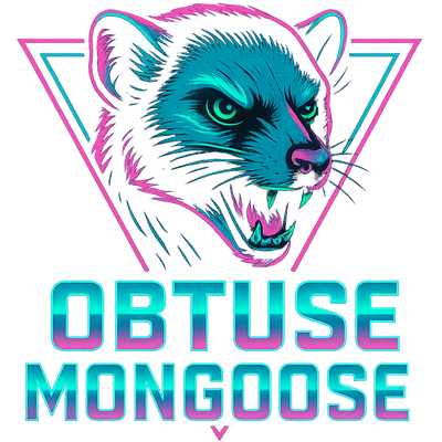 Stylized graphic of a mongoose's head with 'Obtuse Mongoose' text in a geometric design.
