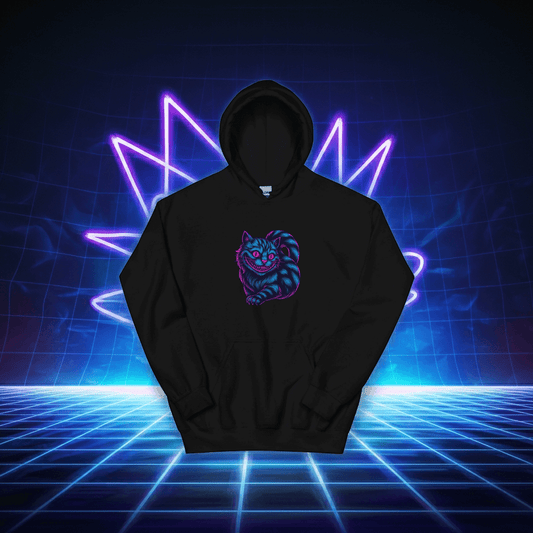 Neon Cheshire Cat Hoodie – Retro Synthwave Wonderland Pull Over