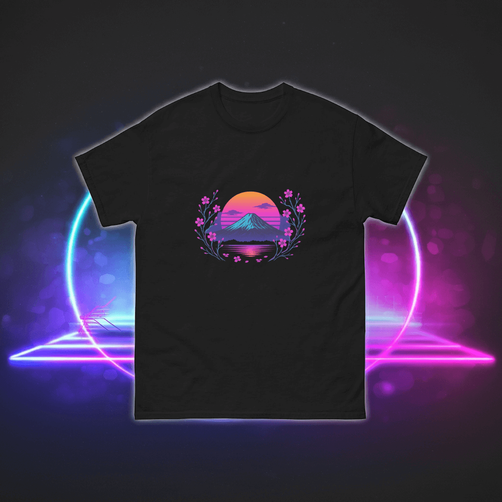 Mt. Fuji Neon T-Shirt Obtuse Mongoose – Retro Sunset & Cherry Blossom