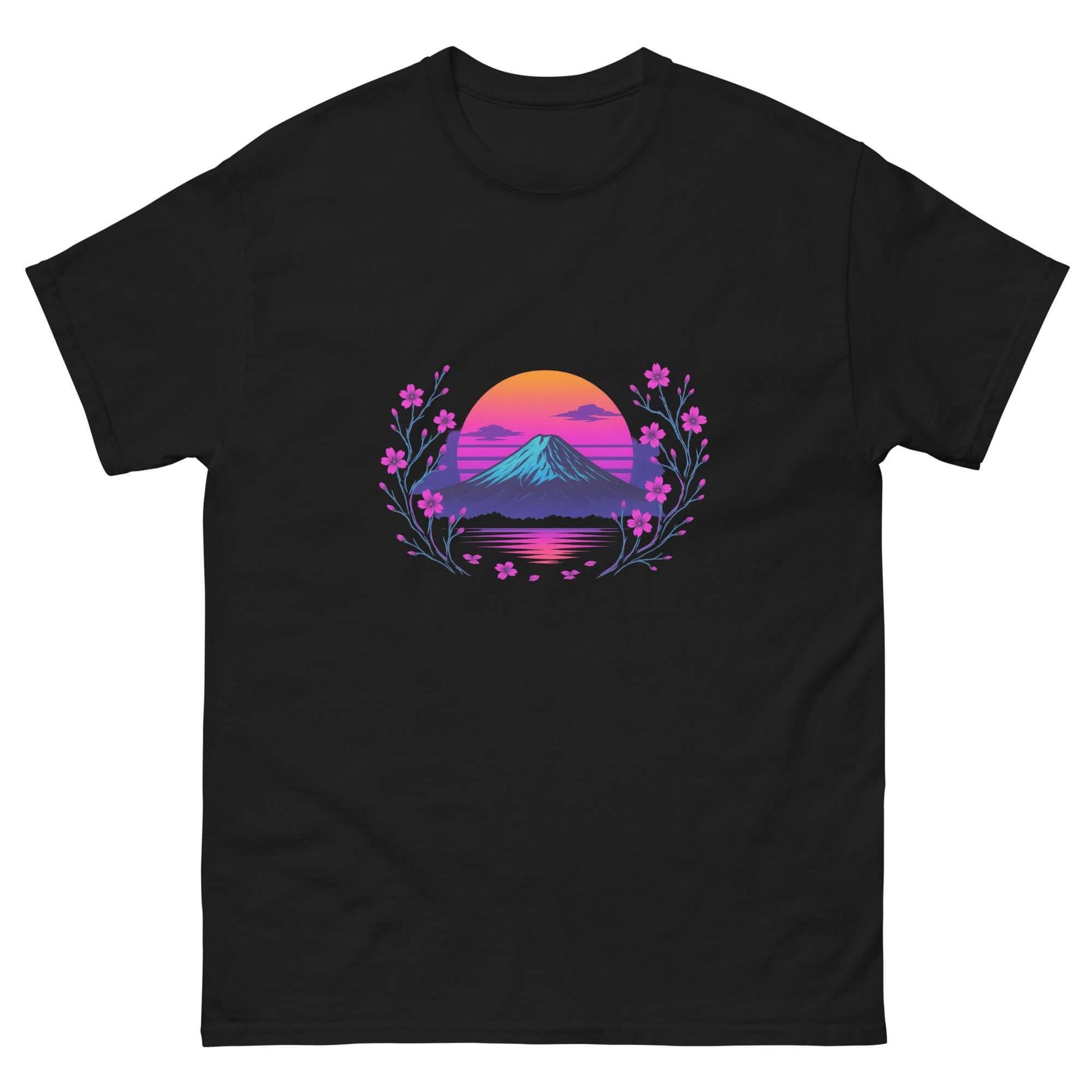 Mt. Fuji Neon T-Shirt Obtuse Mongoose – Retro Sunset & Cherry Blossom