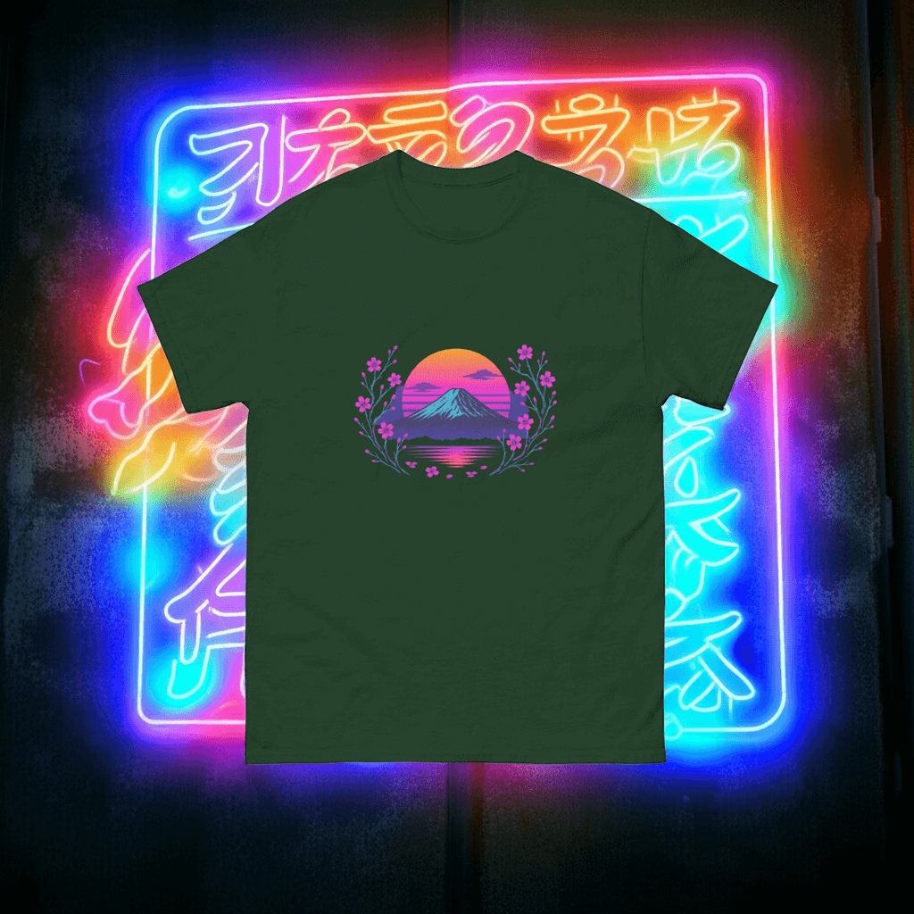 Mt. Fuji Neon T-Shirt Obtuse Mongoose – Retro Sunset & Cherry Blossom