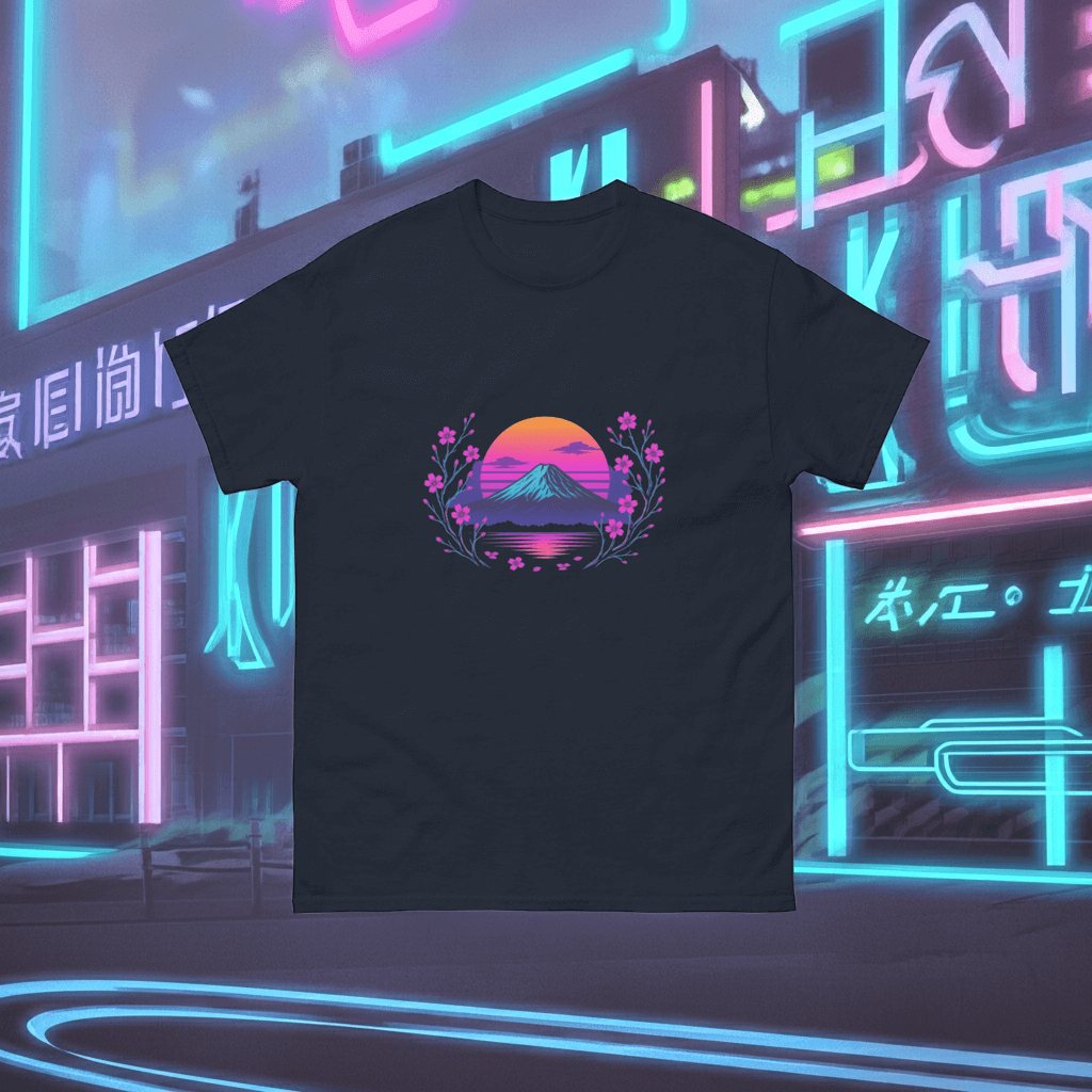 Mt. Fuji Neon T-Shirt Obtuse Mongoose – Retro Sunset & Cherry Blossom