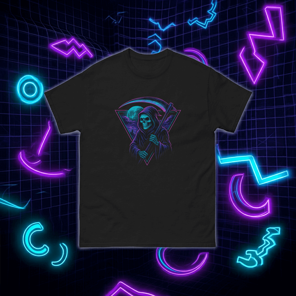 Neon Grim Reaper T-Shirt Retro Gothic Synthwave Tee