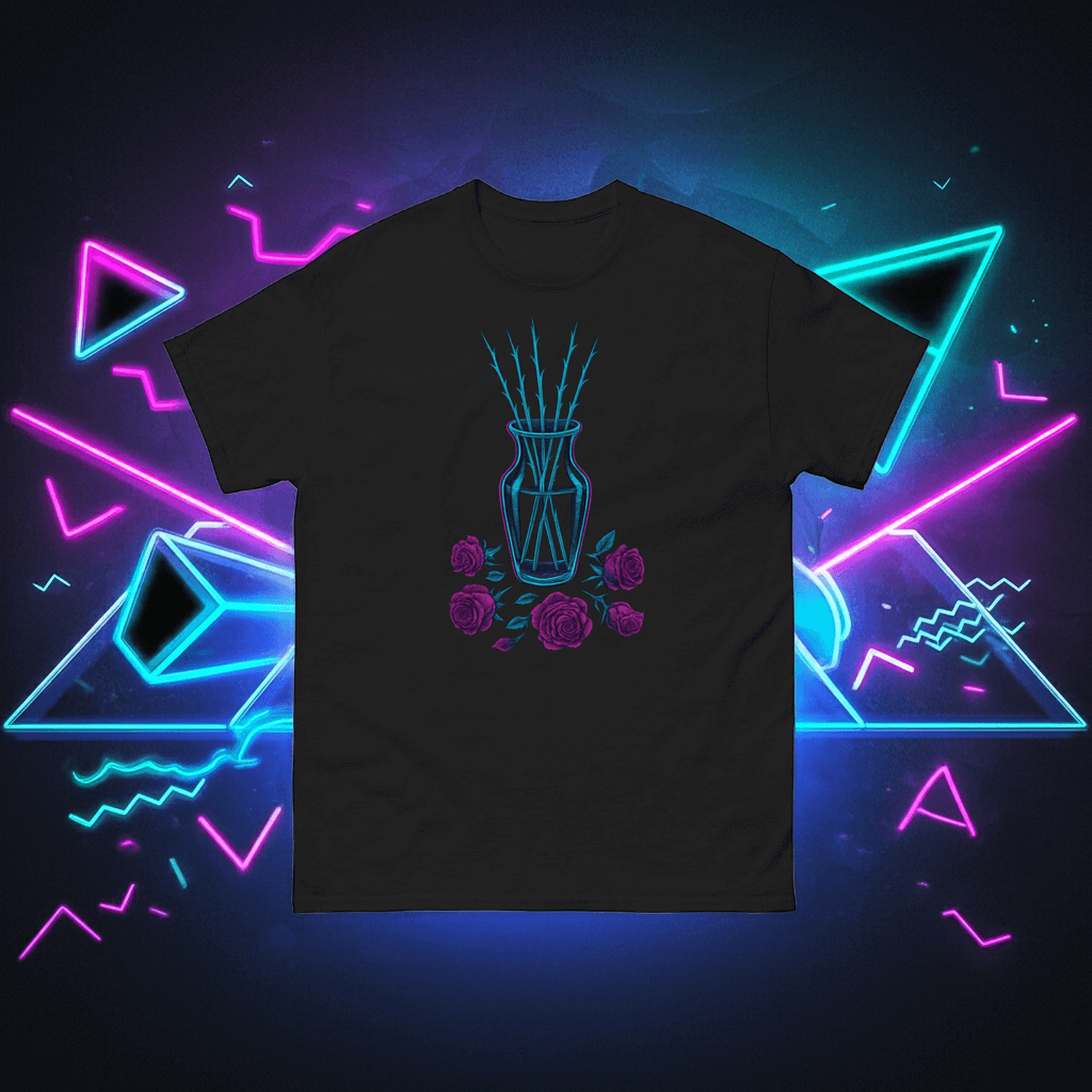 Neon Rose Stems T-Shirt Retro Gothic Synthwave Tee