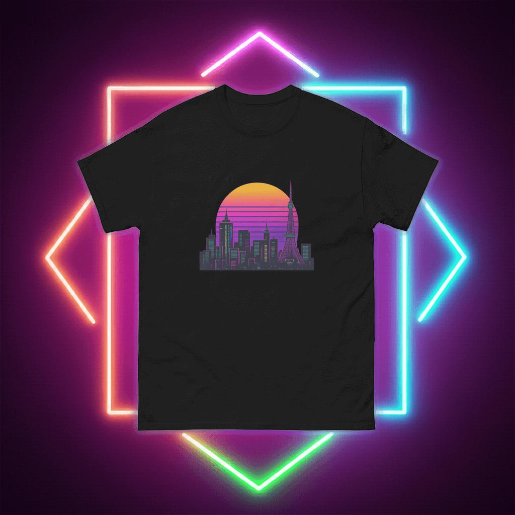 Tokyo Skyline Neon T-Shirt Obtuse Mongoose Retro Sunset