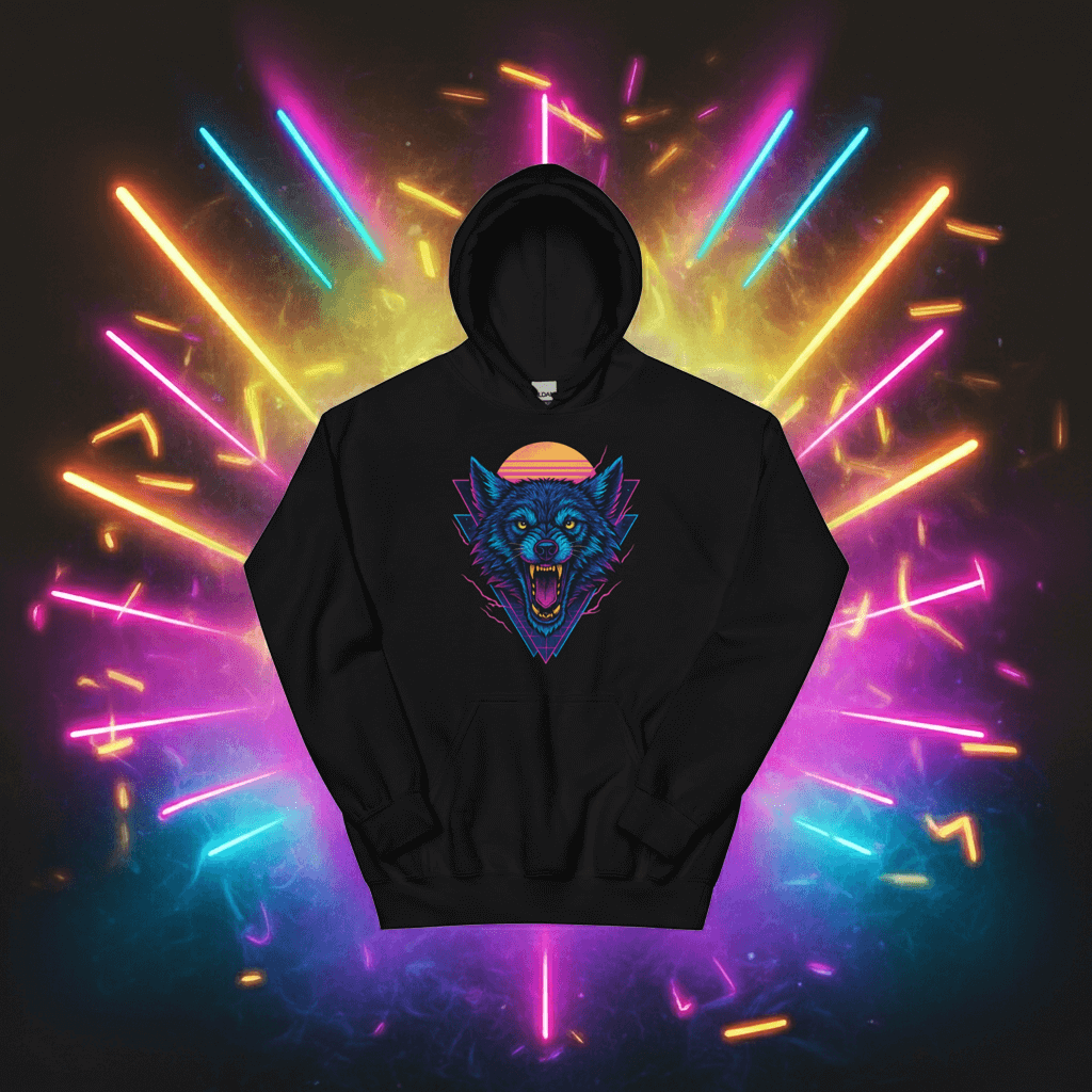 Neon Wolf Hoodie Retro Synthwave Pullover Sweatshirt