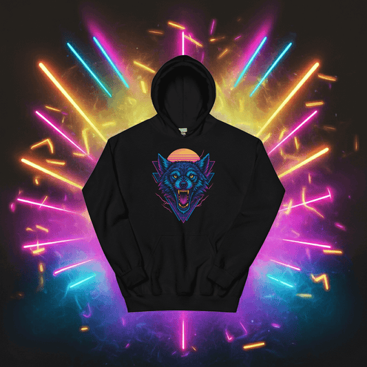 Neon Wolf Hoodie Retro Synthwave Pullover Sweatshirt