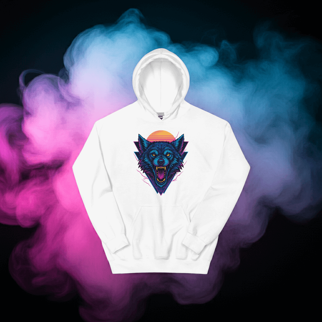 Neon Wolf Hoodie Retro Synthwave Pullover Sweatshirt
