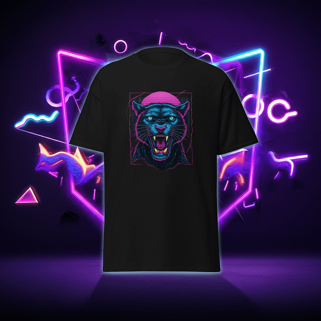 Panther T-Shirt Black Neon Vaporwave Big Cat Tee