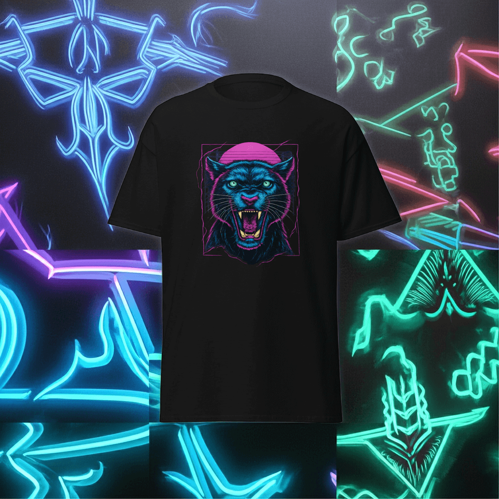 Panther T-Shirt Black Neon Vaporwave Big Cat Tee