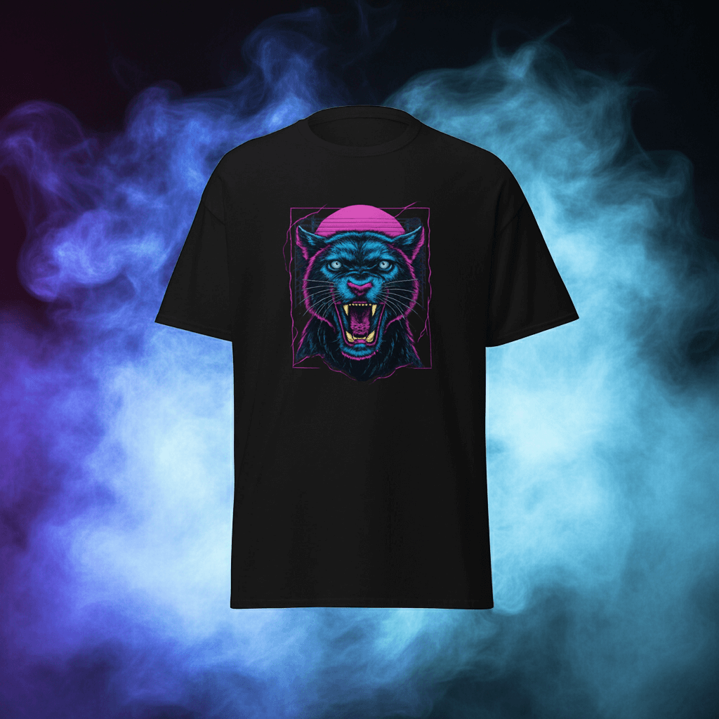 Panther T-Shirt Black Neon Vaporwave Big Cat Tee