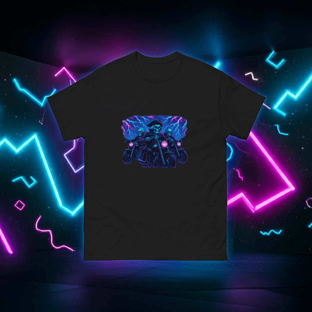 Skeleton Founding Fathers T-Shirt Neon Biker Lightning Synthwave Tee