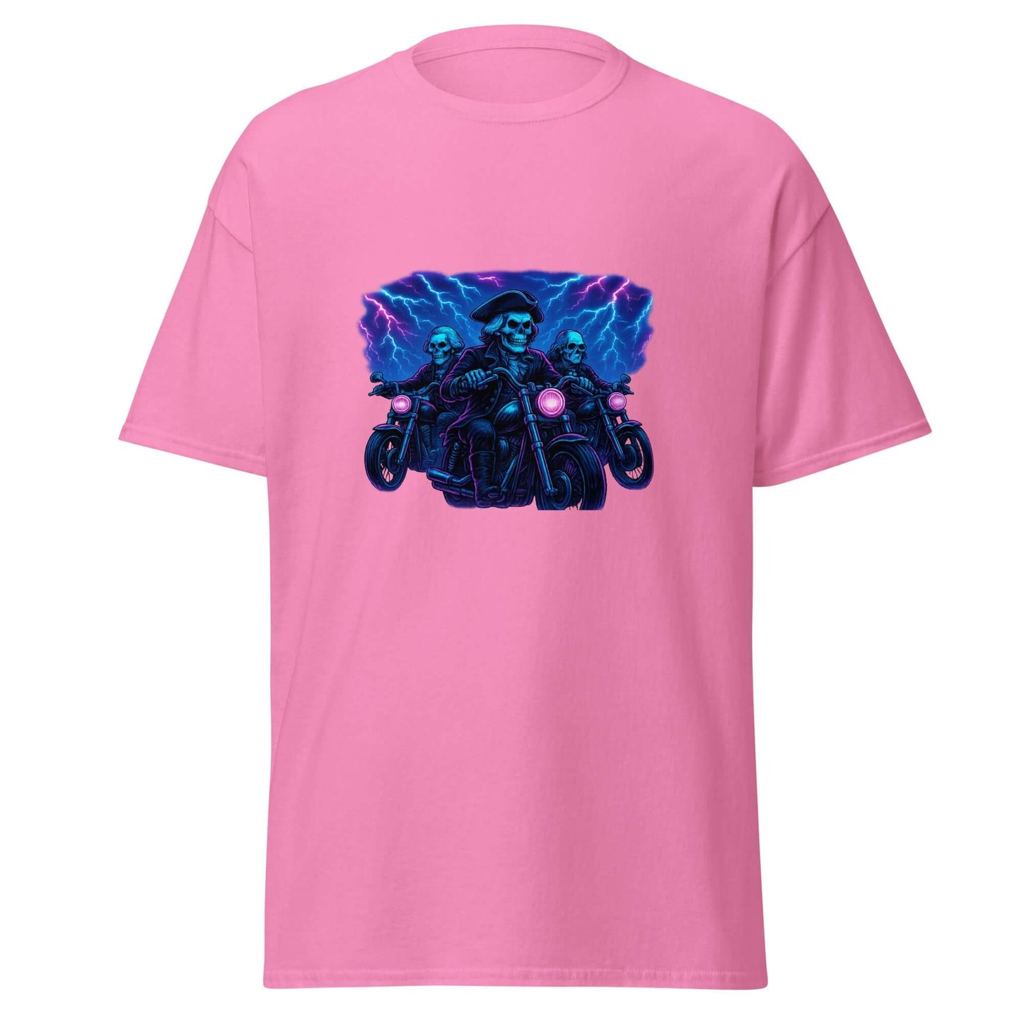 Skeleton Founding Fathers T-Shirt Neon Biker Lightning Synthwave Tee