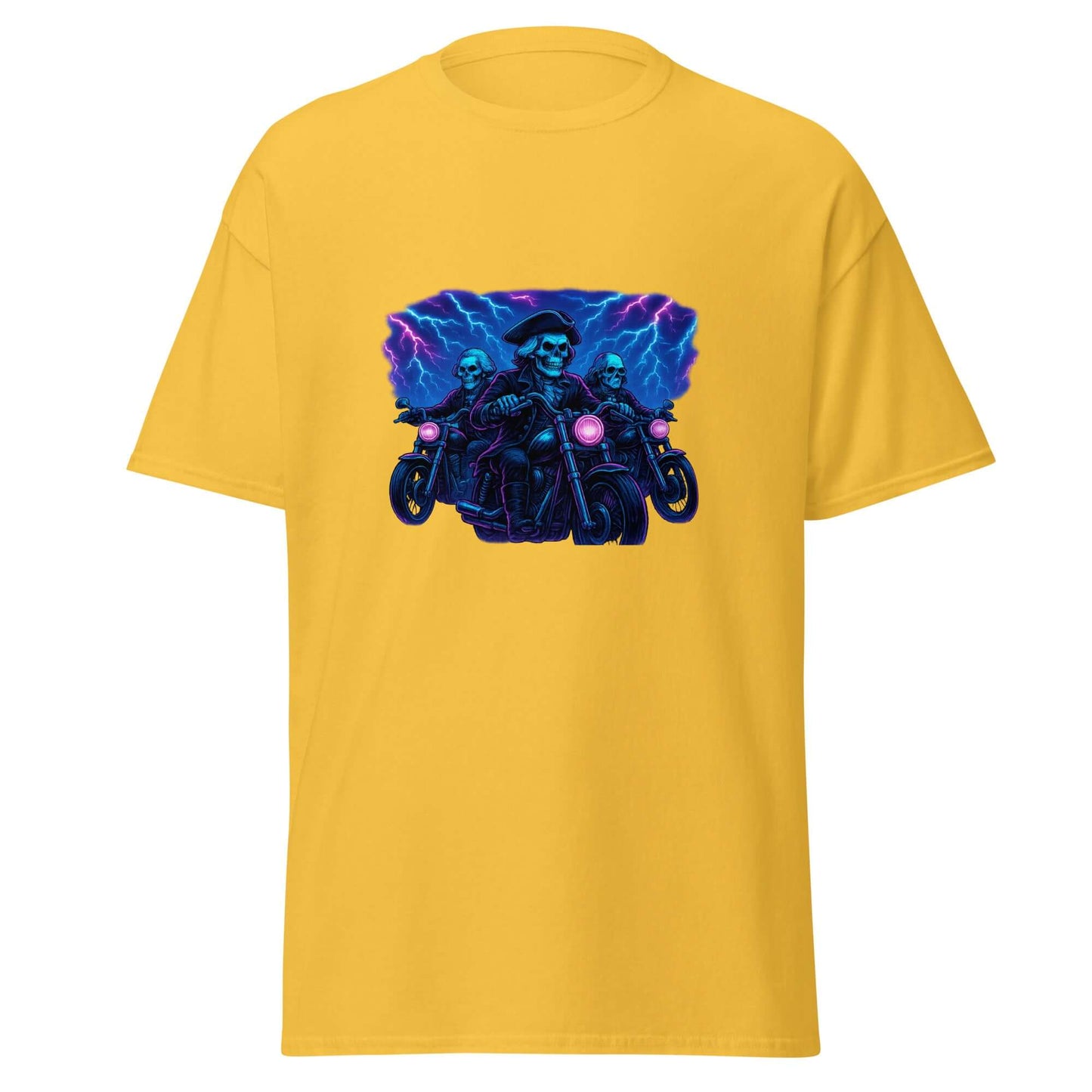 Skeleton Founding Fathers T-Shirt Neon Biker Lightning Synthwave Tee