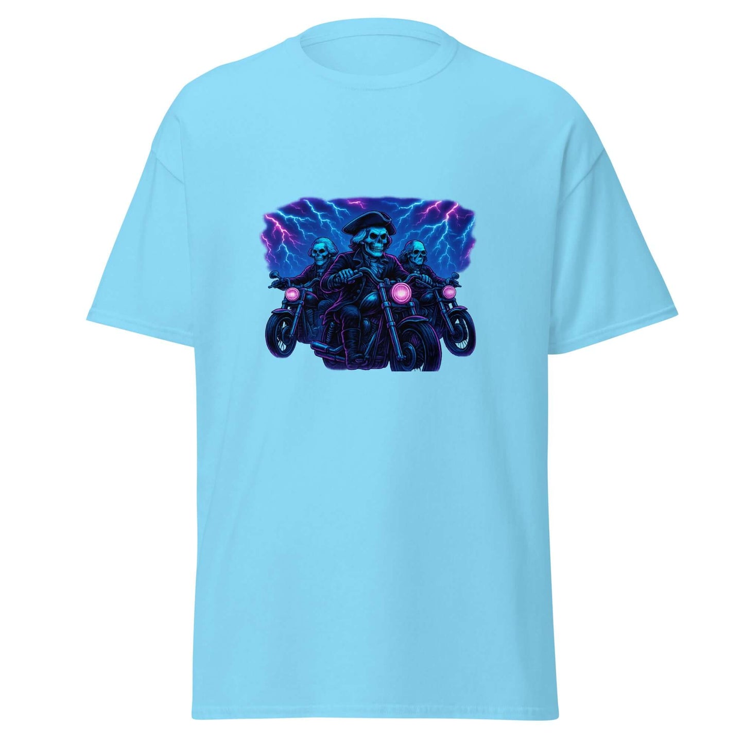 Skeleton Founding Fathers T-Shirt Neon Biker Lightning Synthwave Tee