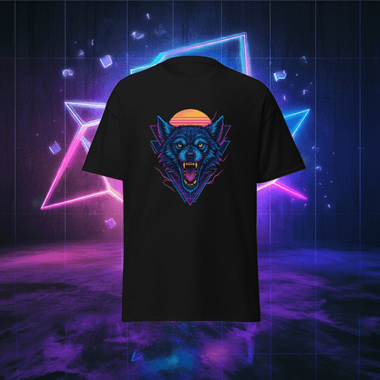 Wolf T-Shirt Black Neon Vaporwave Howling Wolf Tee