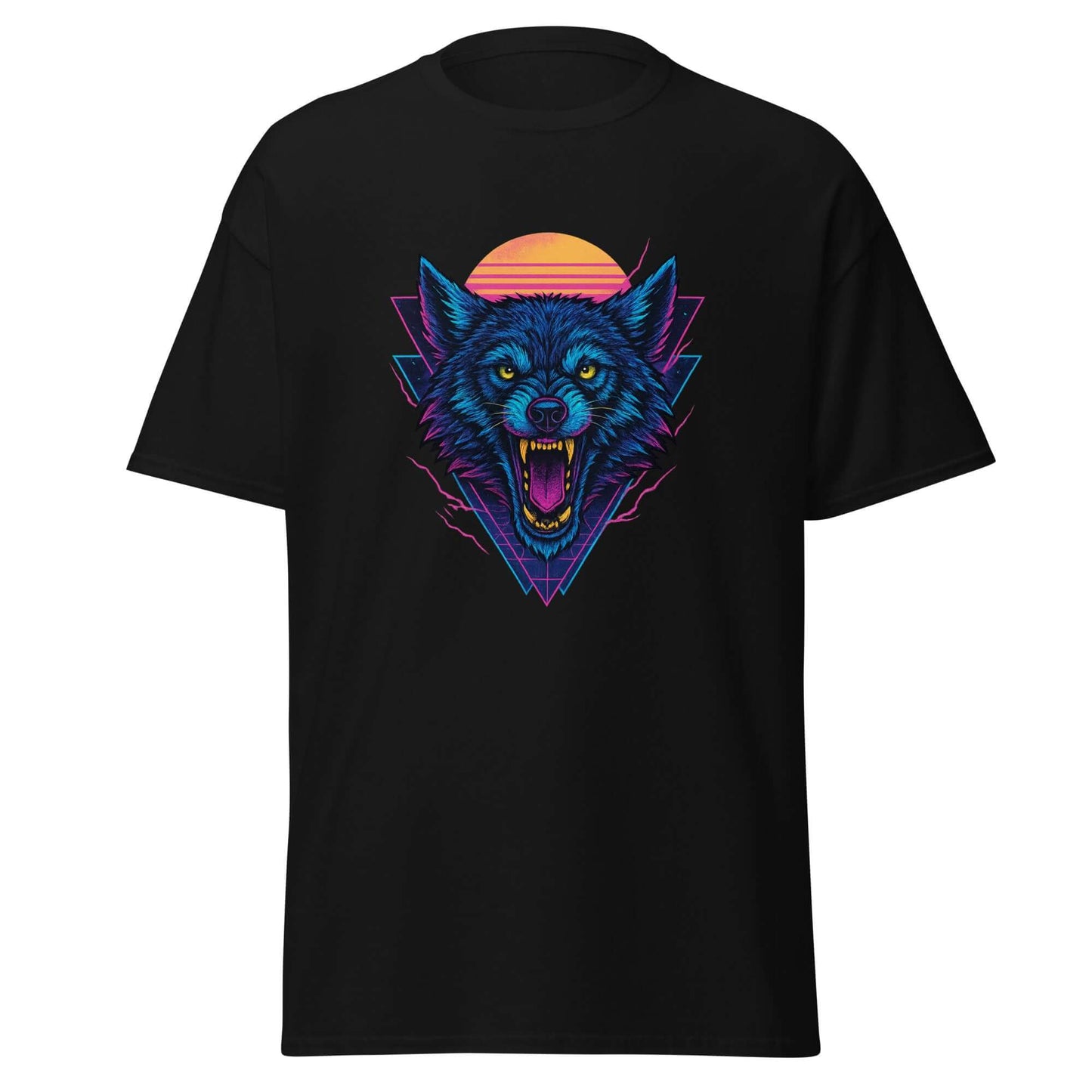 Wolf T-Shirt Black Neon Vaporwave Howling Wolf Tee