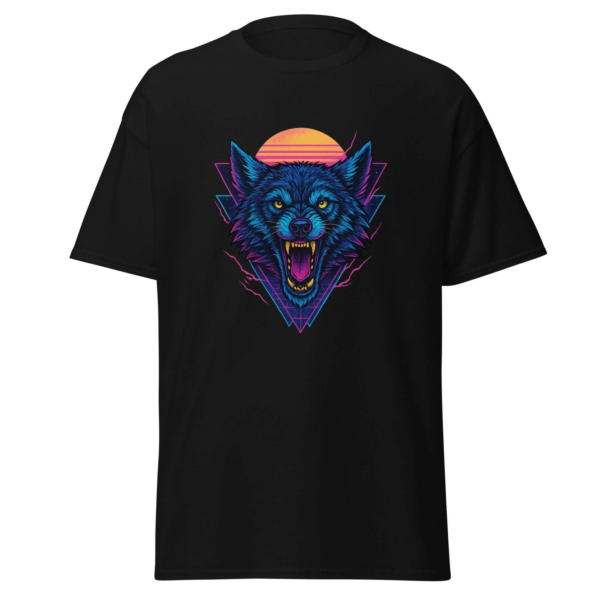 Wolf T-Shirt Black Neon Vaporwave Howling Wolf Tee