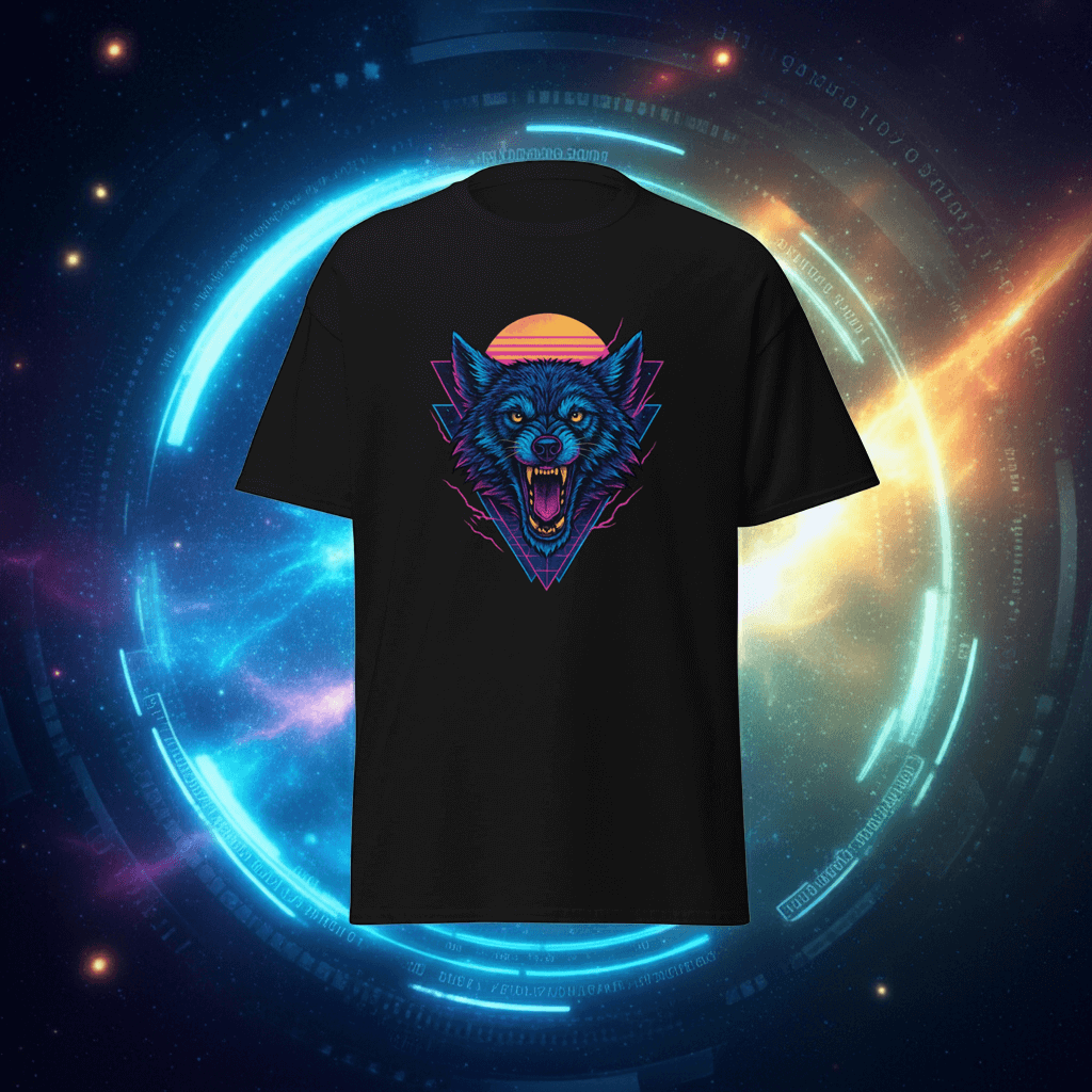 Wolf T-Shirt Black Neon Vaporwave Howling Wolf Tee
