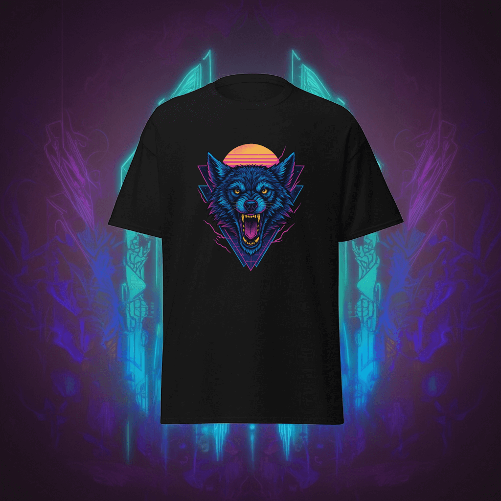 Wolf T-Shirt Black Neon Vaporwave Howling Wolf Tee