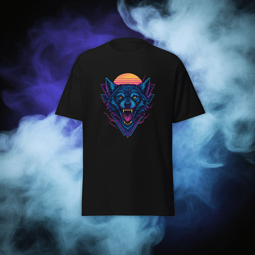 Wolf T-Shirt Black Neon Vaporwave Howling Wolf Tee
