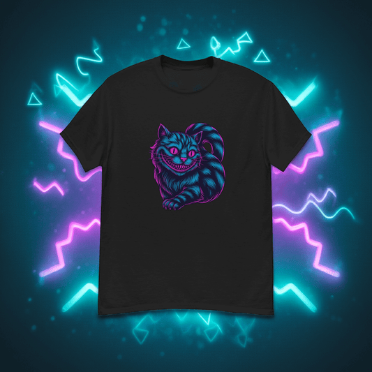 Neon Cheshire Cat T-Shirt – Retro Synthwave Wonderland Tee