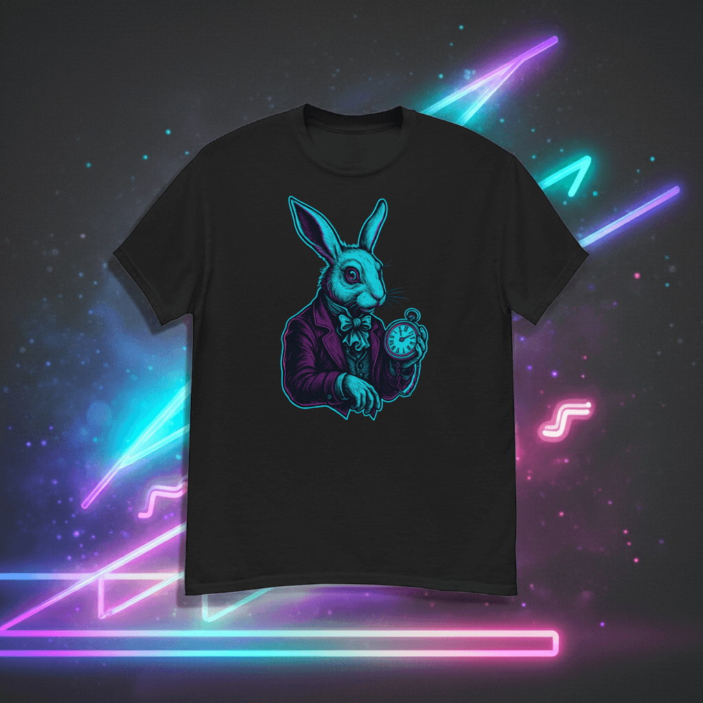 White Rabbit Neon T-Shirt – Retro Wonderland Vaporwave Tee