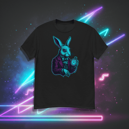 White Rabbit Neon T-Shirt – Retro Wonderland Vaporwave Tee
